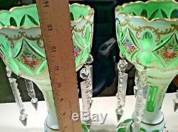 Pair Vtg. Bohemian Cut Glass Overlay Decorated Mantle Lusters with Crystal Prisms
