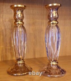 Pair Vtg Cristallerie Italian Candle Holders Hand Blown Art Glass Gold Leaf