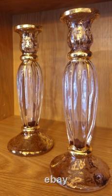 Pair Vtg Cristallerie Italian Candle Holders Hand Blown Art Glass Gold Leaf