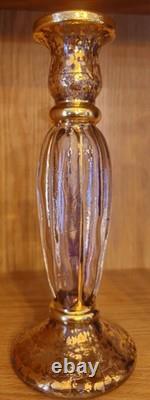 Pair Vtg Cristallerie Italian Candle Holders Hand Blown Art Glass Gold Leaf