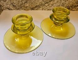 Pair Vtg Fostoria Yellow Topaz Glass Candle Holders Mushroom Style
