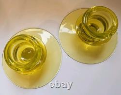 Pair Vtg Fostoria Yellow Topaz Glass Candle Holders Mushroom Style
