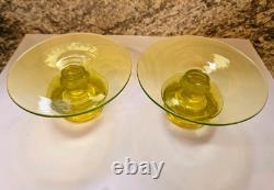 Pair Vtg Fostoria Yellow Topaz Glass Candle Holders Mushroom Style