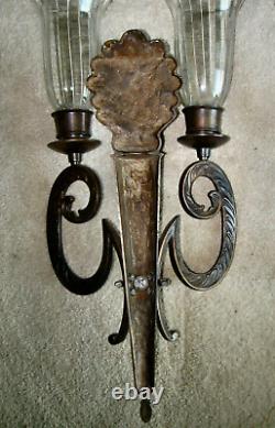 Pair Wall Sconces Candle Holders Metal Glass Shades