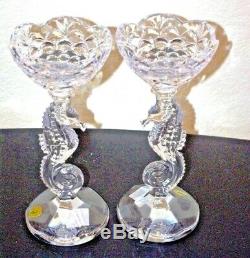 Pair Waterford Seahorse Pillar Candlesticks, Candle Holder, Lead Crystal, 11 1/4