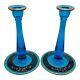 Pair Westmoreland Candle Holders Peacock Blue Glass 10 Hand Painted Floral Gold
