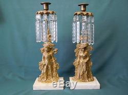 Pair antique bronze candelabra candle holder glass prisms marble base colonial