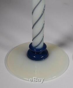 Pair of 12 Fry Foval Delft Hand Blown Blue Glass Candlesticks