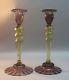 Pair Of 12 Steuben Purple & Amber Art Glass Candle Holders C. 1930s Antique