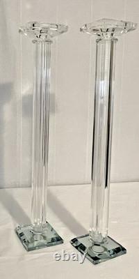 Pair of 21 Tall Elegant Heavy Crystal Reeded Candlesticks withMirrored Bottom