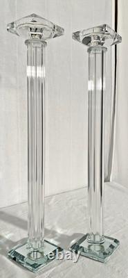 Pair of 21 Tall Elegant Heavy Crystal Reeded Candlesticks withMirrored Bottom