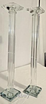 Pair of 21 Tall Elegant Heavy Crystal Reeded Candlesticks withMirrored Bottom