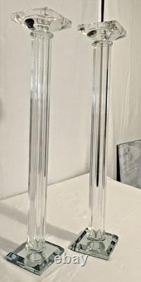 Pair of 21 Tall Elegant Heavy Crystal Reeded Candlesticks withMirrored Bottom
