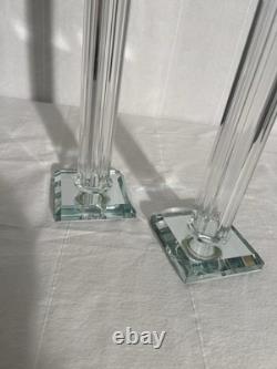 Pair of 21 Tall Elegant Heavy Crystal Reeded Candlesticks withMirrored Bottom