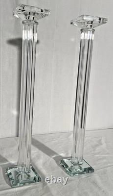 Pair of 21 Tall Elegant Heavy Crystal Reeded Candlesticks withMirrored Bottom