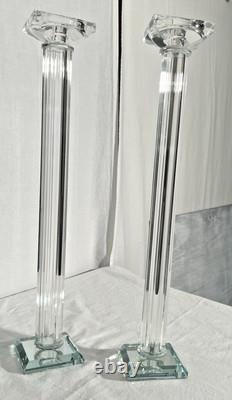 Pair of 21 Tall Elegant Heavy Crystal Reeded Candlesticks withMirrored Bottom