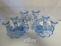 Pair of 3 Stick CANDLE HOLDERS by Cambridge Caprice Moonlight Blue Glass LOVELY