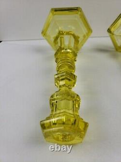 Pair of American Canary Yellow Flint Glass Candlestick Boston & Sandwich Glass