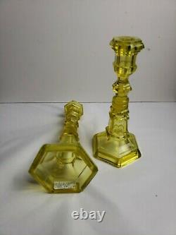 Pair of American Canary Yellow Flint Glass Candlestick Boston & Sandwich Glass