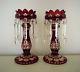 Pair Of Antique Bohemian Ruby Red Cut Glass Mantle Lusters Candle Holders