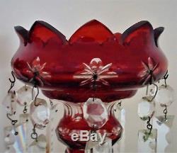 Pair of Antique Bohemian Ruby Red Cut Glass Mantle Lusters Candle Holders