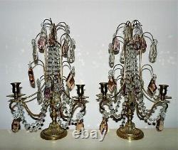 Pair of Antique French Brass Candelabra Cascading Glass Beads & Prisms Set