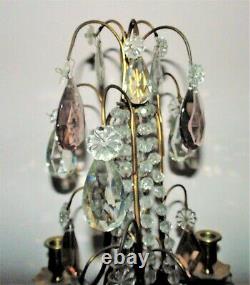 Pair of Antique French Brass Candelabra Cascading Glass Beads & Prisms Set