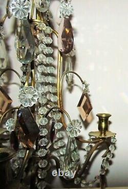 Pair of Antique French Brass Candelabra Cascading Glass Beads & Prisms Set