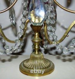 Pair of Antique French Brass Candelabra Cascading Glass Beads & Prisms Set