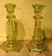 Pair Of Antique Sandwich Canary Glass Columnar Master Size Candlestick Holders