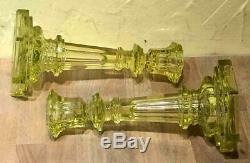 Pair of Antique Sandwich Canary Glass Columnar Master Size Candlestick Holders