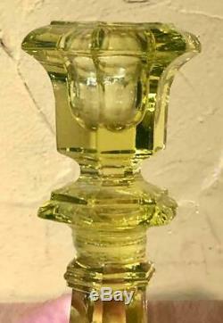Pair of Antique Sandwich Canary Glass Columnar Master Size Candlestick Holders