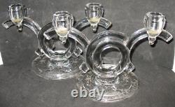 Pair of Art Deco Cambridge Glass Firenze Etching Pristine Double Candle Holders