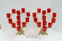 Pair of BRASS HEART SHAPE CHURCH VOTIVE CANDLE HOLDERS With RED GLASS (Q#397AB)