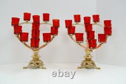 Pair of BRASS HEART SHAPE CHURCH VOTIVE CANDLE HOLDERS With RED GLASS (Q#397AB)