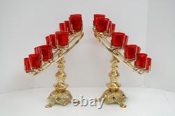 Pair of BRASS HEART SHAPE CHURCH VOTIVE CANDLE HOLDERS With RED GLASS (Q#397AB)
