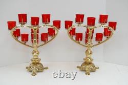 Pair of BRASS HEART SHAPE CHURCH VOTIVE CANDLE HOLDERS With RED GLASS (Q#397AB)