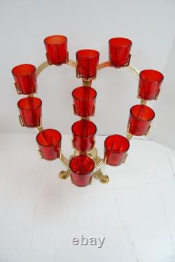 Pair of BRASS HEART SHAPE CHURCH VOTIVE CANDLE HOLDERS With RED GLASS (Q#397AB)