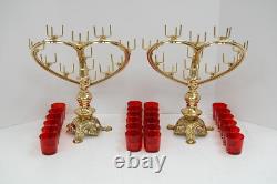 Pair of BRASS HEART SHAPE CHURCH VOTIVE CANDLE HOLDERS With RED GLASS (Q#397AB)