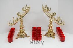 Pair of BRASS HEART SHAPE CHURCH VOTIVE CANDLE HOLDERS With RED GLASS (Q#397AB)