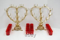 Pair of BRASS HEART SHAPE CHURCH VOTIVE CANDLE HOLDERS With RED GLASS (Q#397AB)