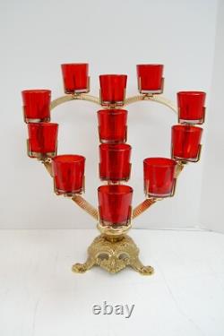 Pair of BRASS HEART SHAPE CHURCH VOTIVE CANDLE HOLDERS With RED GLASS (Q#397AB)