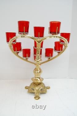 Pair of BRASS HEART SHAPE CHURCH VOTIVE CANDLE HOLDERS With RED GLASS (Q#397AB)