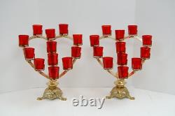 Pair of BRASS HEART SHAPE CHURCH VOTIVE CANDLE HOLDERS With RED GLASS (Q#397AB)