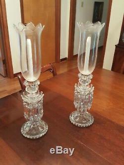 Pair of Baccarat Medallion Crystal Candle Candlesticks Prisms Lusters 11.5 tall