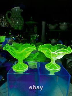 Pair of Beautiful Viking Glass 6 Petal Uranium Lime Candle Holders