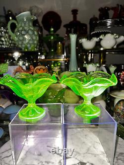 Pair of Beautiful Viking Glass 6 Petal Uranium Lime Candle Holders