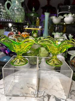 Pair of Beautiful Viking Glass 6 Petal Uranium Lime Candle Holders