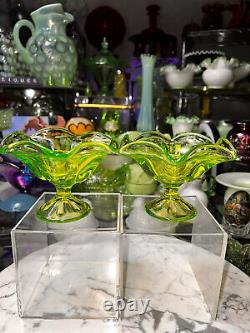 Pair of Beautiful Viking Glass 6 Petal Uranium Lime Candle Holders