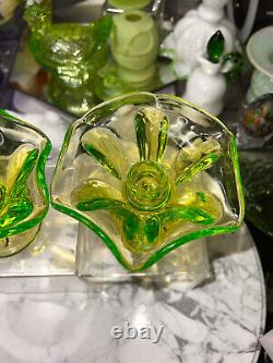 Pair of Beautiful Viking Glass 6 Petal Uranium Lime Candle Holders